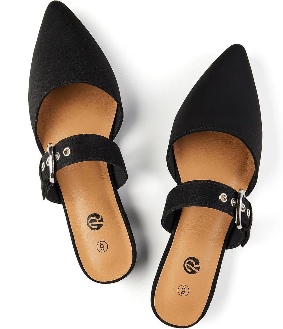 Rekayla Mules for Women Adjustable Strap Pointed Toe Backless Loafer Shoes (8, Black)