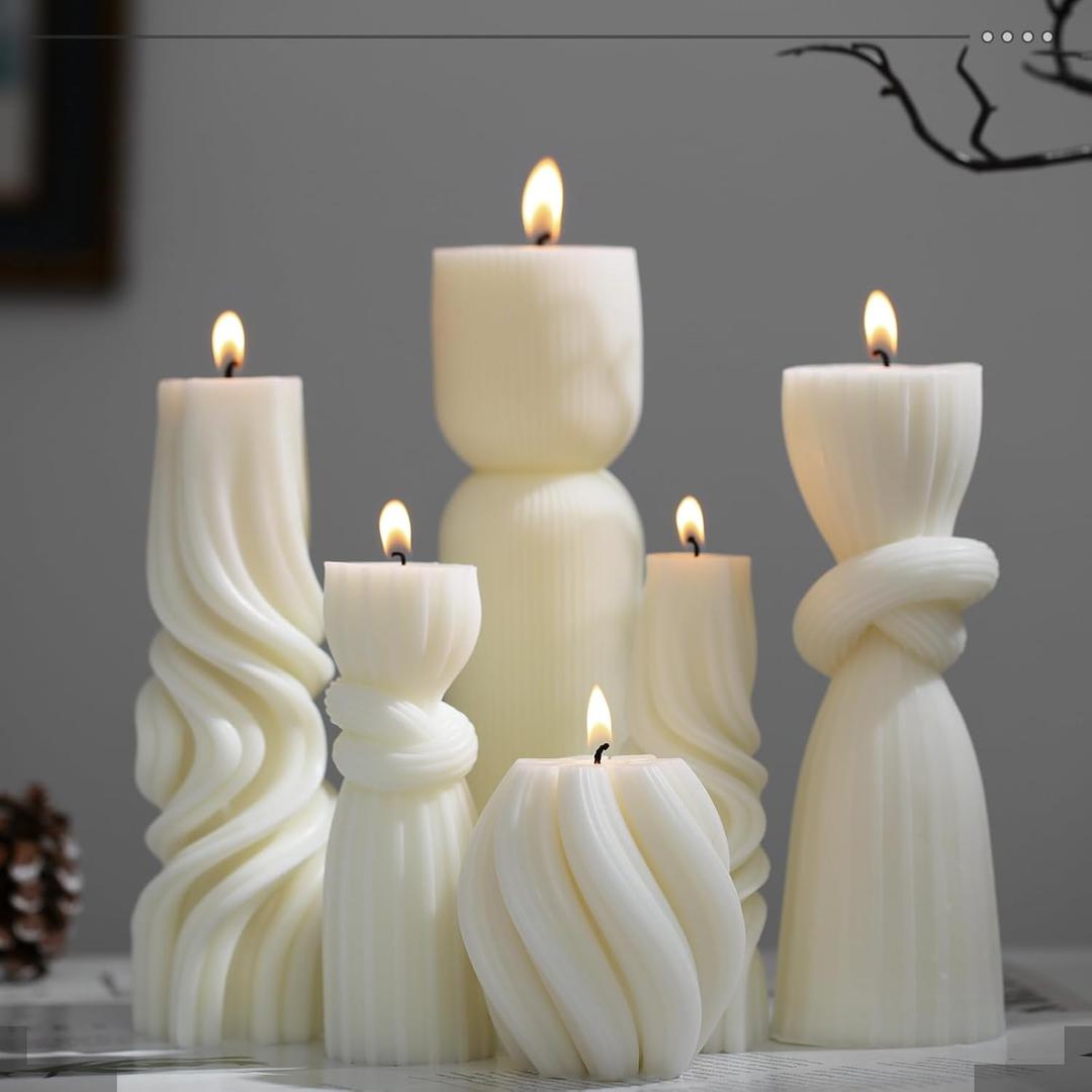 6 Pcs Pillar Candles Modern Aesthetic Ribbed Decorative Candle Set Cute Soy Wax Scented Ribbed Decor for Home(White,3.39-9.06 Inch)
