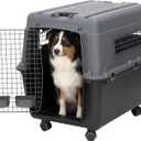 SportPet Airline Compliant LARGE 31.5" Travel Dog Kennel- Durable Plastic Airline Pet Carrier w/ Removable Wheels & Food Bowls, Collapsible Indoor/Outdoor Dog Kennel, Dogs up to 28"L & 20"H-Dark Gray