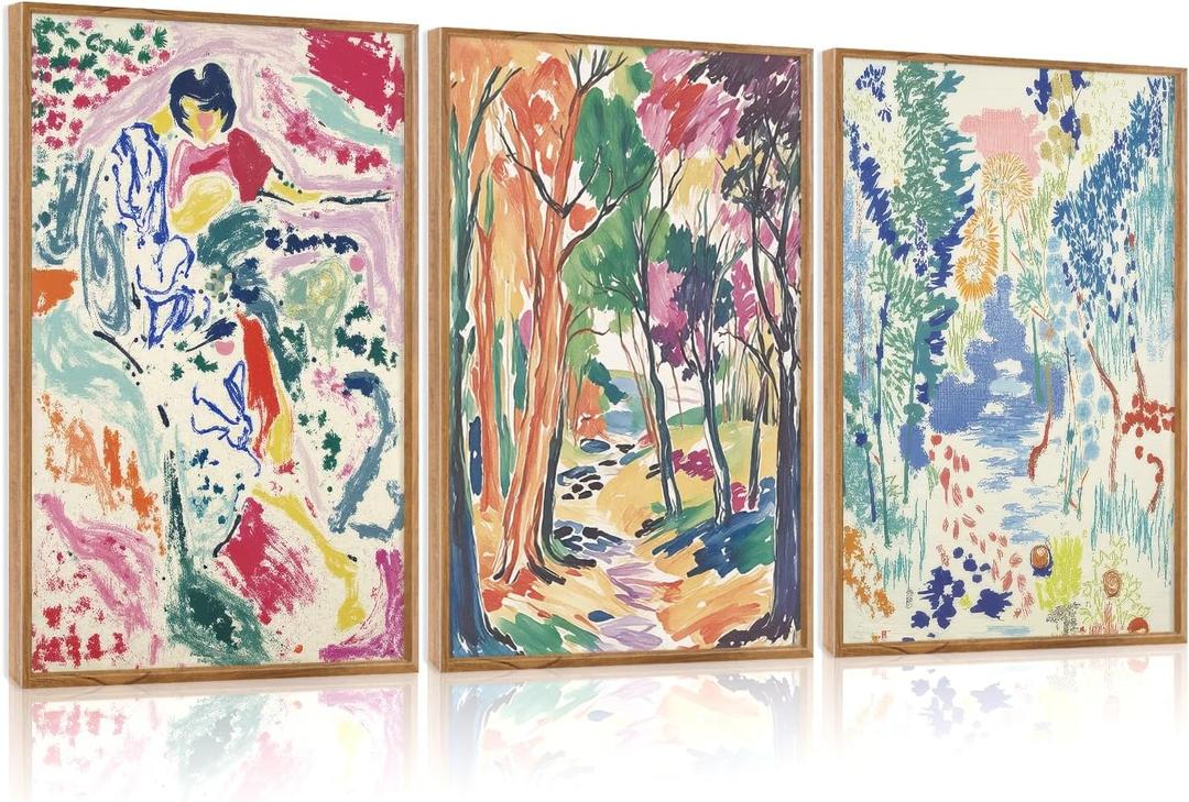 CHDITB Abstract Matisse Canvas Wall Art Set Of 3, Modern Framed Gallery Wall Decor, Nature Colorful Tree And Garden Painting, Vibrant Botanical Aesthetic Art Prints For Office Bedroom Decor 12X16