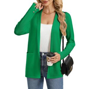 GRACE KARIN Long Cardigans for Women, Long Sleeve Open Front Cardigan Sweaters, Lightweight Spring Jacket with Pockets (X-Large, Bright Green)