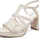 Women's Platform Heels Chunky Heeled Sandals, Ankle Strappy Round Open Toe Dressy Shoes Wedding Party High Pump Heels for Women. (9.5, Nude 093)