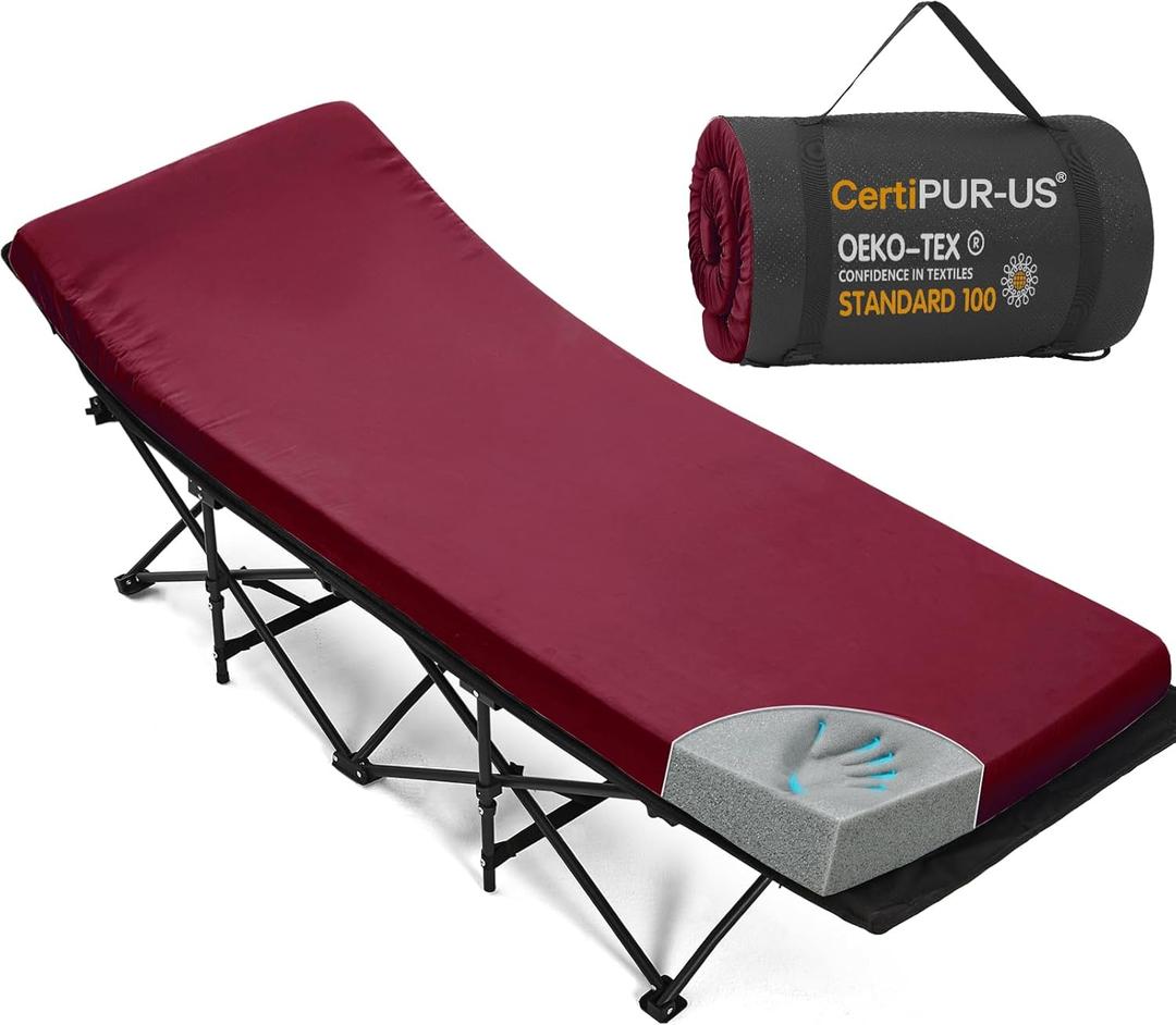CYMULA Camping Cot Mattress 2in Memory Foam Sleeping Pad,Soft Warm Non-Slip Camping Mattress Topper with Retaining for Adults,Portable Roll up Pad for Travelonly Mattress (Wine red)