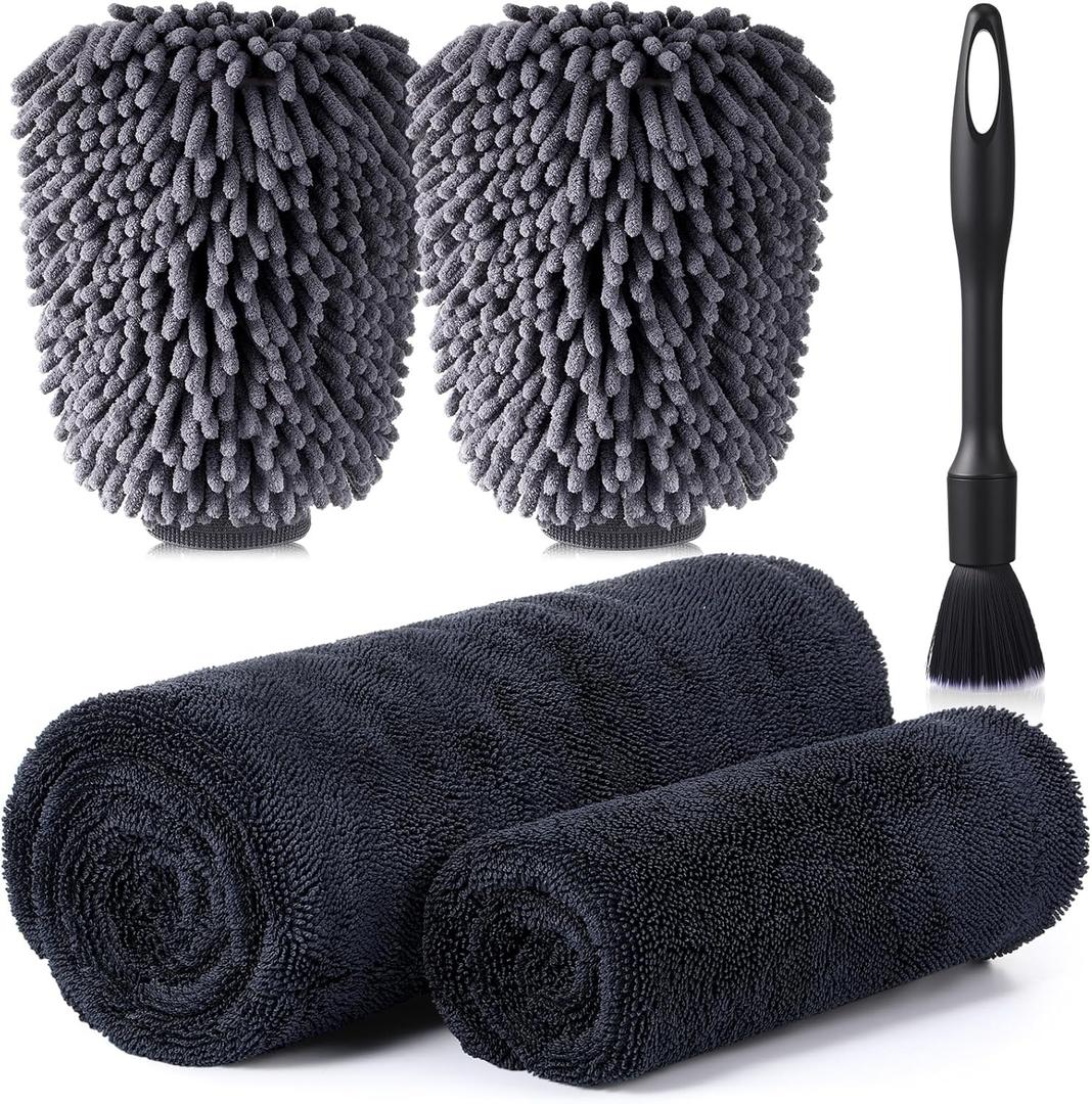 2 Pack Car Drying Towel 1200GSM Microfiber Drying Towels for Autos Trucks 36" x 24" and 16" x 16" Twisted-Loop Microfiber Cleaning Cloth with Car Wash Mitt and Detailing Brush Wash Kits