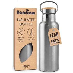 Bambaw Stainless Steel Insulated Water Bottle 32 oz, Stainless Steel Water Bottles 32 oz with Handle & Wide Mouth, Rust-Resistant Metal, Durable & Great for Travel (Natural Steel)