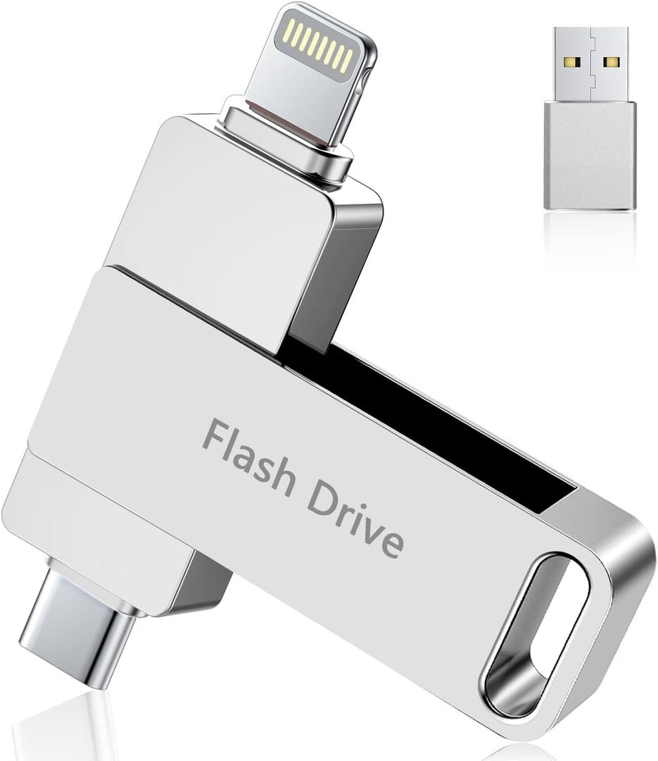 (No APP Required) MFi Certified 512GB USB Flash Drive for iPhone Memory Stick for Photo/Video Backup, 3 in 1 Photo Stick, High-Speed Jump Drive Compatible for iPhone/iPad/Android/PC Silver
