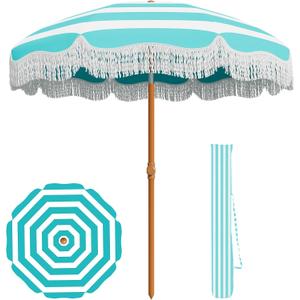 AreShark 7ft Patio Umbrella with Fringe, UPF50+ Beach Umbrella for Table, Pool & Garden, Portable Outdoor Tassels Umbrella w/Fiberglass Ribs&Push Bottom Tilt(Blue and White Stripe)