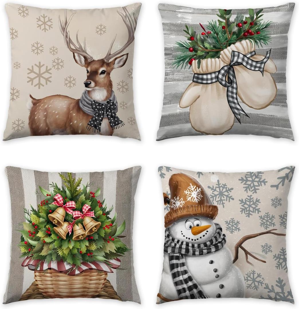 Christmas Pillow Covers 20x20 Inch Set of 4, Holiday Winter Outdoor Vintage Snowflake Xmas Snowman Neutral Farmhouse Seasonal Burlap Reindeer Decorations for Sofa Couch
