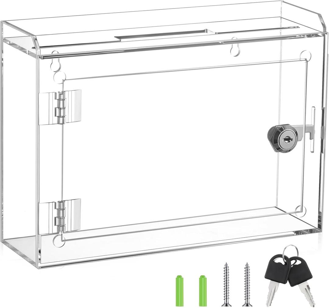 Juexica Acrylic Donation Box with Lock & Sign Holder, Large Clear Locking Suggestion Box for Fundraising Voting Secure Cash Drop, Wall Mounted 4mm Thick Shatter Resistant(9.8"l X 3"w X 7"h,Right Lock)