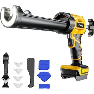 Cordless Caulking Gun Compatible with DeWalt 20V Battery (Tool Only), 10oz Electric Caulking Gun with Adjustable Speed, 9Pcs Caulk Remover Tool, Ecarke Cordless Silicone Gun for Filling, Sealing (Yellow)
