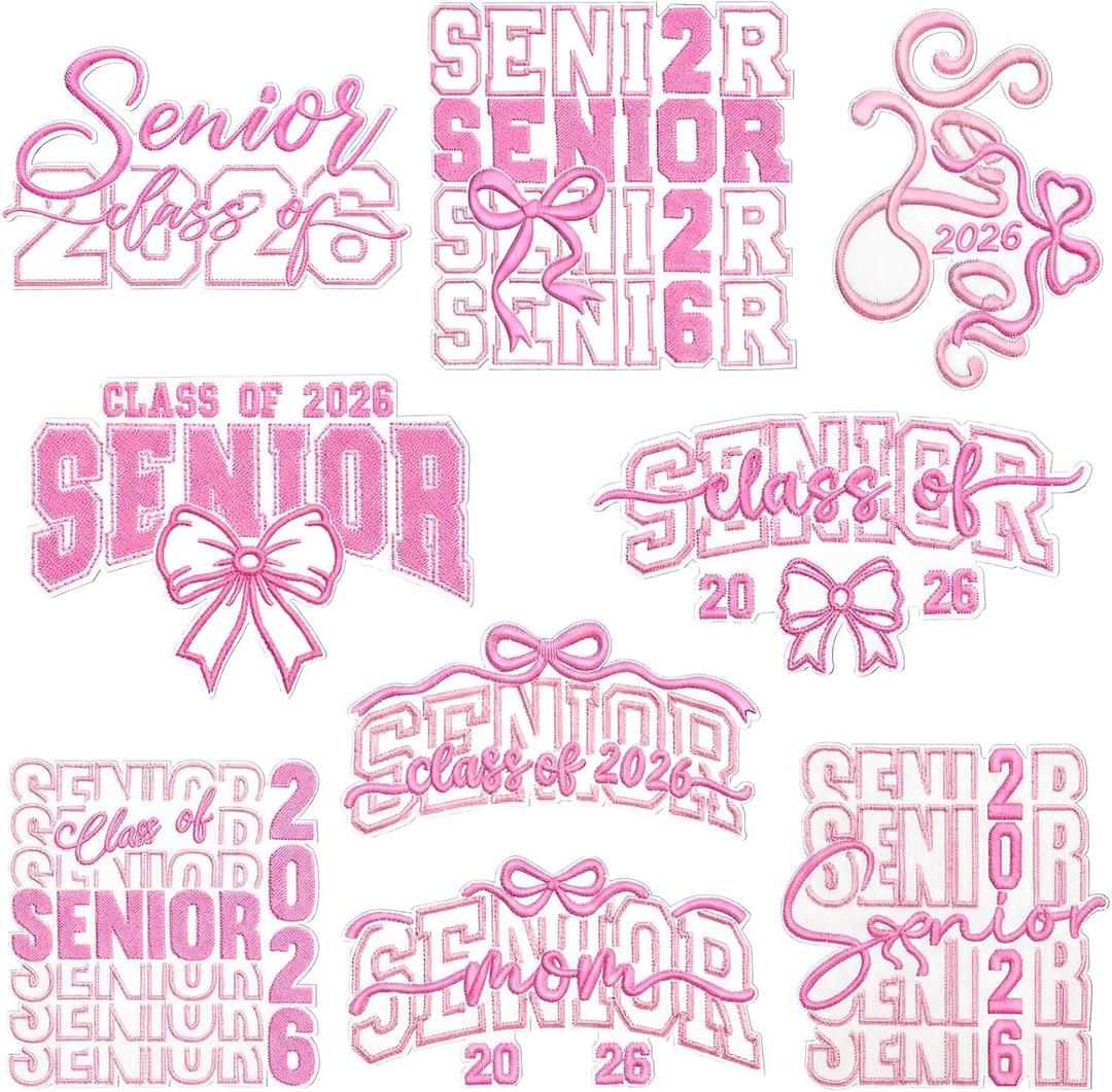 Zeyune 18 Pcs Senior Class of 2026 Iron on Patches Coquette Pink Bow Graduation Iron on Patches 2026 for Graduation Party Favors Jeans Pants Clothing Heat Transfer Senior Stuff, 9 Styles