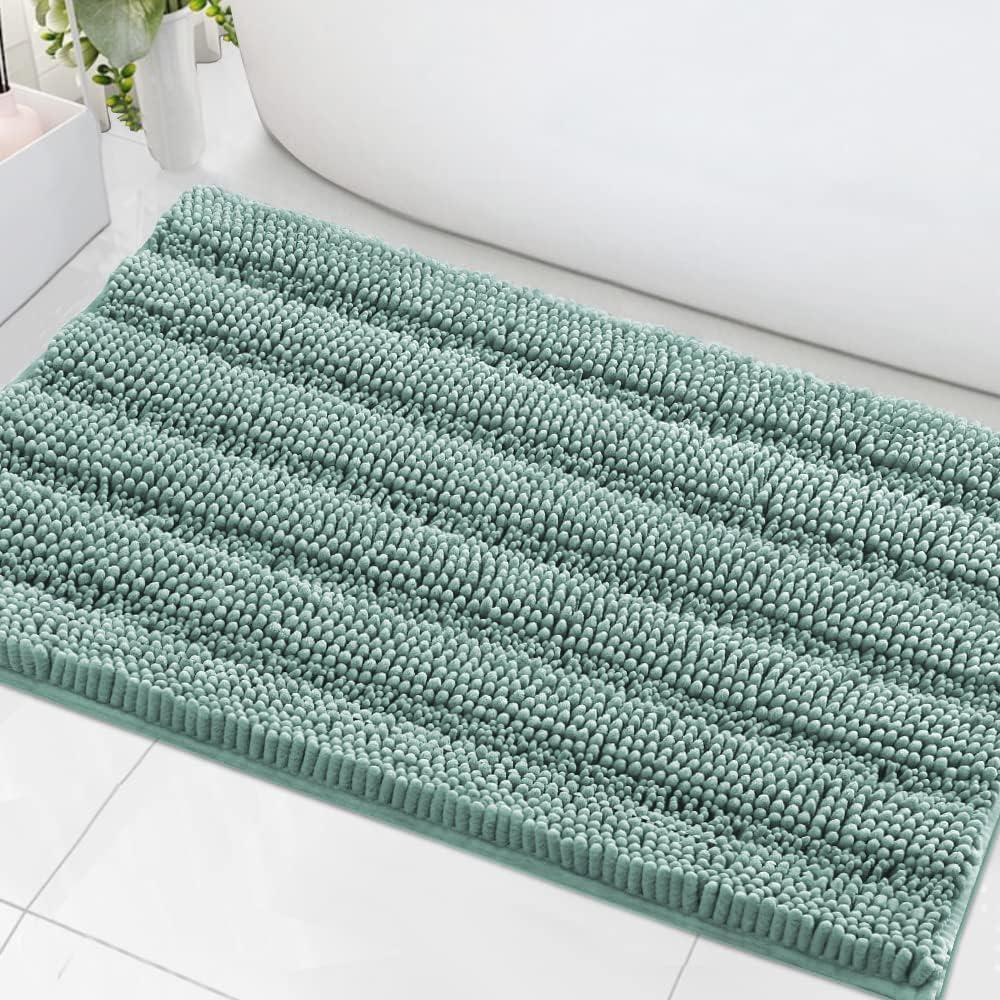 H.VERSAILTEX Bath Mats for Bathroom Non Slip Extra Thick Chenille Striped Bath Rug 24" x 36" Absorbent Non Skid Fluffy Soft Shaggy Rugs Washable Dry Fast Plush Mats for Indoor, Bath Room, Tub - Color: Eggshell Blue