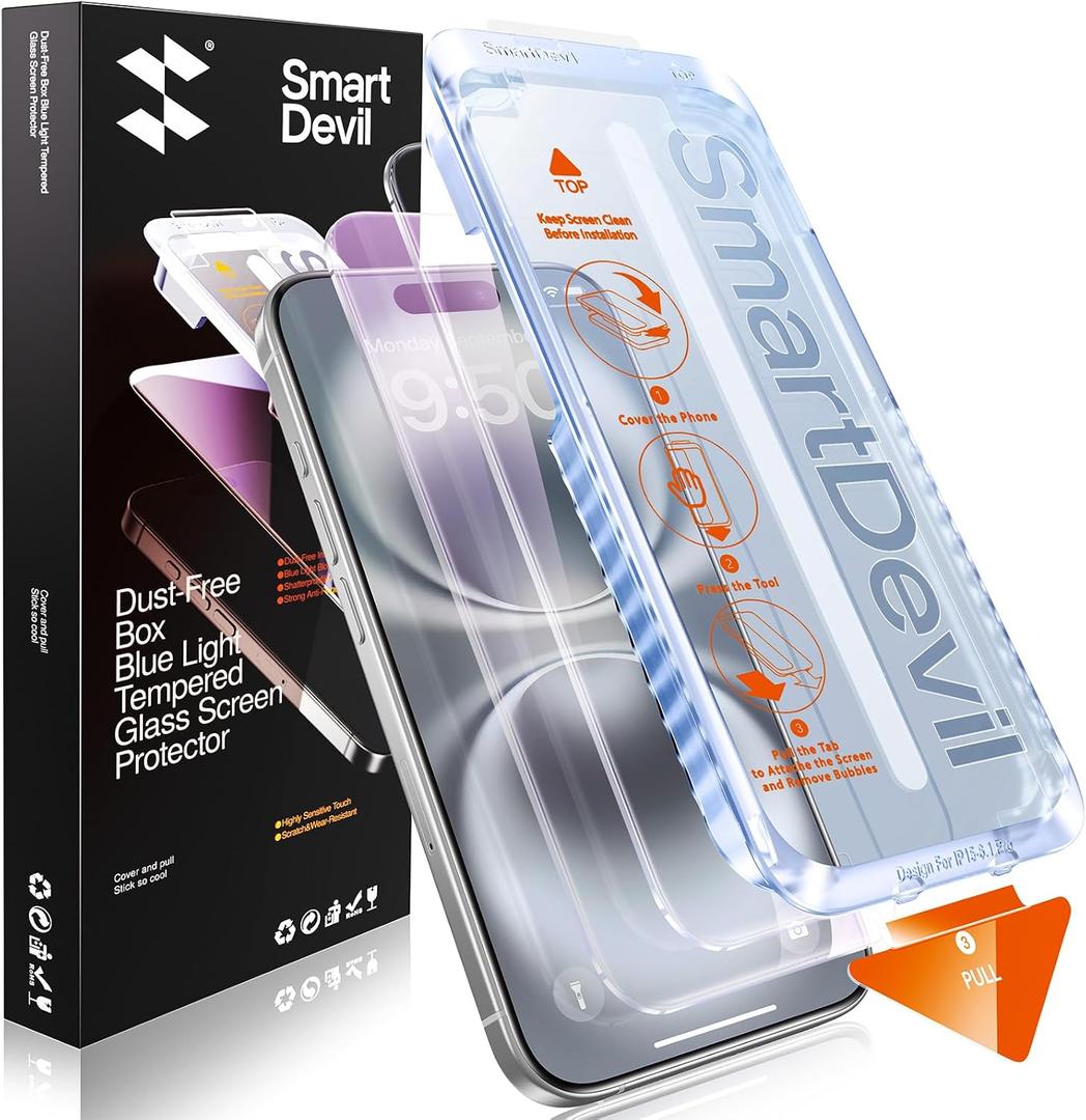 SMARTDEVIL 2 Pack for iPhone 16 Screen Protector, Anti-Blue Light, Eye Protection & Reduce Eye Strain, 9H Tempered Glass with Auto Dust-Elimination, Bubble Free, Easy Install,Bubble-Free,Case Friendly