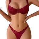 Lilosy Sexy Floral Lace Scallop Underwire Push Up Sheer Lingerie Set Outfits (Medium, Burgundy Red)