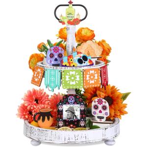 12 Pcs Day of The Dead Tiered Tray Decorations Dia De Los Muertos Decor Garlands Skull Candles Alter Picture Frame Wooden Tabletop Ofrenda Centerpieces for Dia De Los Muertos Party
