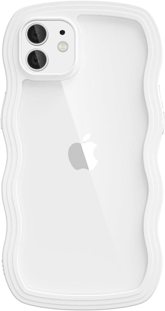 oakxco for iPhone 12/12 Pro Case Wavy Clear, Slim Thin Transparent Acrylic Hard Shell Plastic & Soft Silicone Wave Frame Bumper, Girly Cute Y2k Curly Phone Case for Women Girls Aesthetic, White