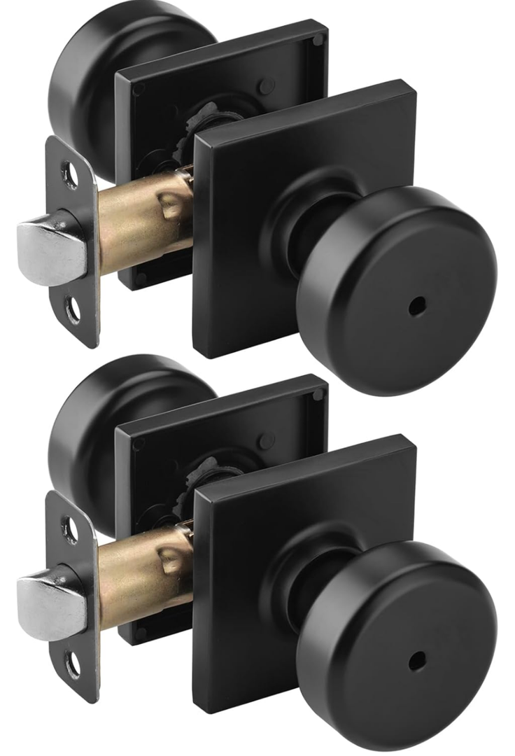 2 Pack Black Interior Door Knobs for Bathroom & Bedroom, Pismo Doorknob Turn Lock with Square Rosette, Heavy Duty Privacy Door Knob with Lock