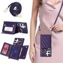 for Galaxy S23 Ultra Case with Card Holder and Strap for Women,Crossbody Lanyard, Make Up Mirror,Ring Stand,Snap Clasp,Cute Phone Wallet Cases 6.8 inch - Deep Purple