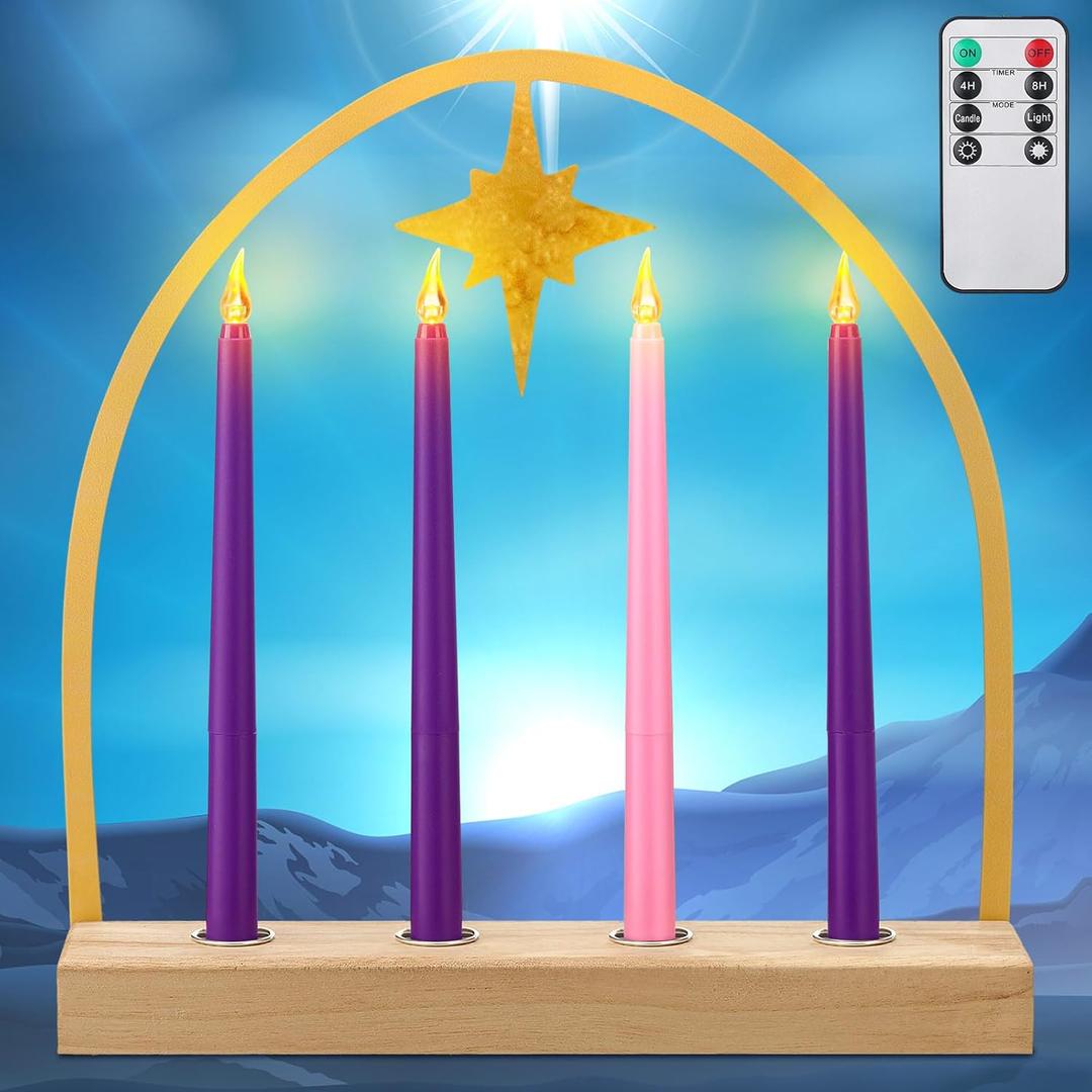 4 Pcs Advent LED Candle with Remote Hexagram Flameless Candleholder Battery Operated Candlesticks for Advent Wreath Lent Decorations Flickering Flameless Candles with Remote Timer