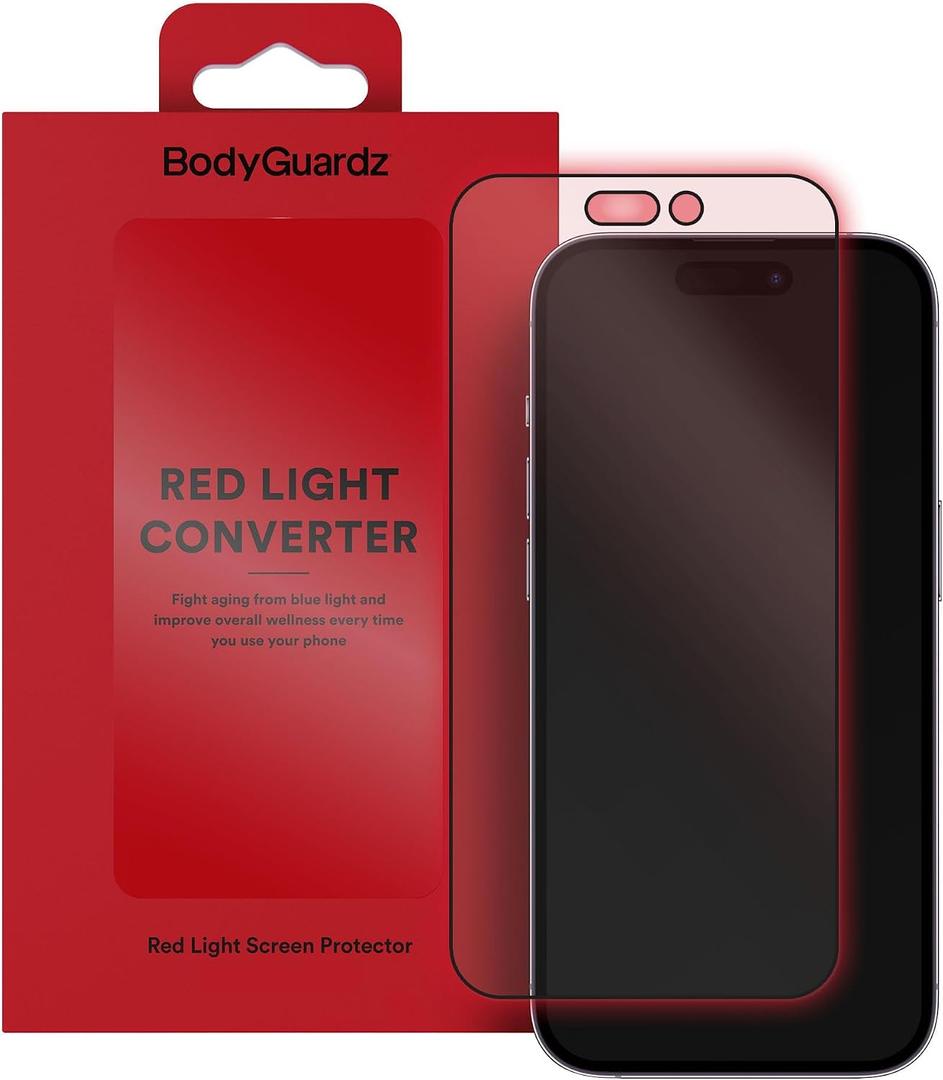 BodyGuardz Red Light Converter Screen Protector – Passive Red Light Therapy for Face - Reduced Eye Strain – 9H Tempered Glass, Easy Install (17 Pro Max/16 Pro Max)