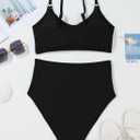 Herseas Women's Loop Straps Bikini Sets 2 Piece Shine Ribbed Swimsuits Ruched High Waisted Bathing Suits (Black, S)