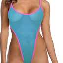 SHERRYLO See Through One Piece Swimsuit High Cut Micro Monokini Bikini Mini Mesh Transparent Bathing Suit (Small, Blue Pink)