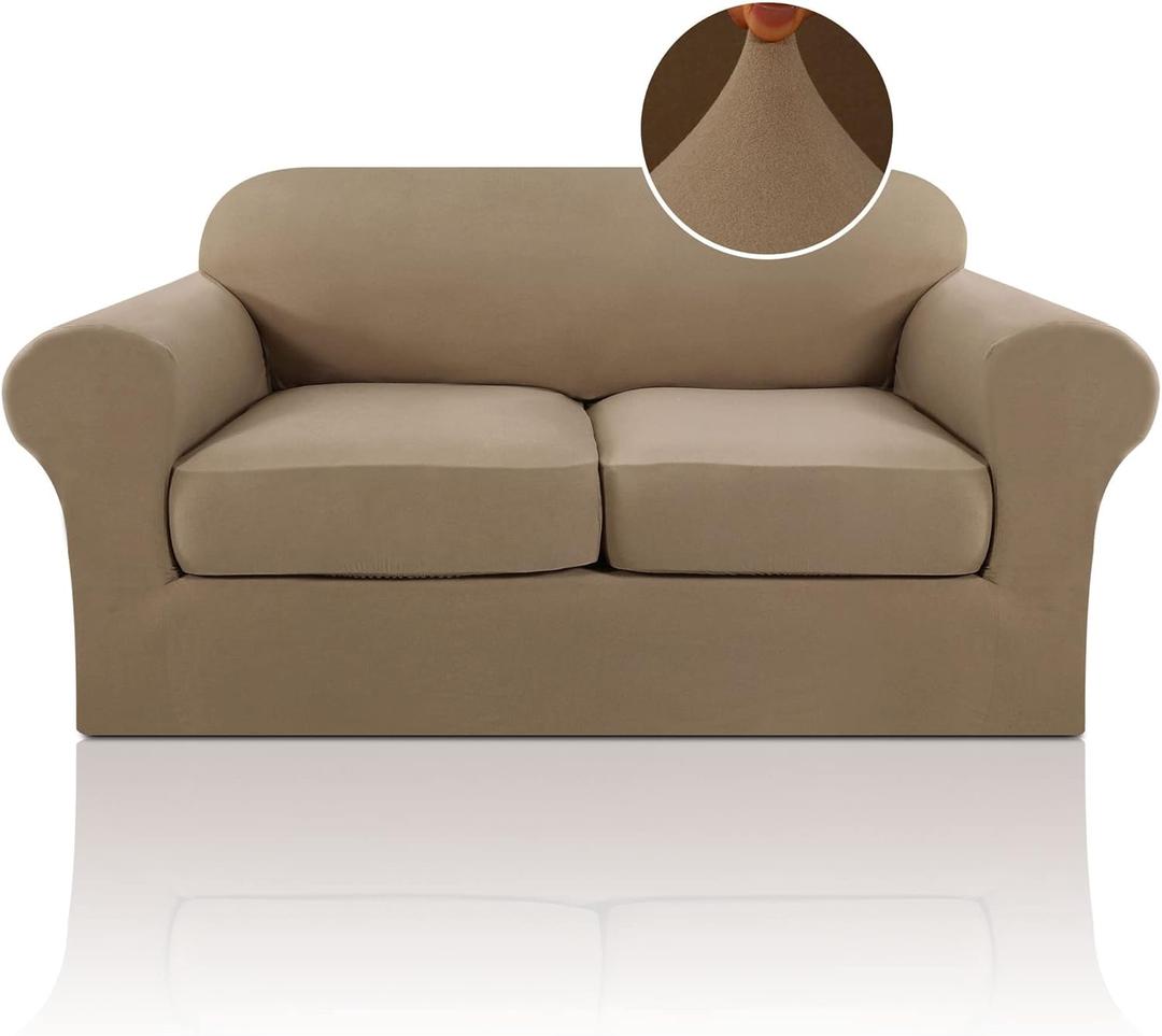 PrinceDeco Couch Covers for 2 Cushion Couch Sofa - High Stretch Luxury 3 Pieces Sofa Slipcovers with Elastic Bottom loveseat Cushion Cover, Warm Sand, 2 Cushion Loveseat (Medium)