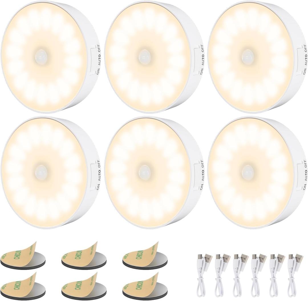 14 LEDs Motion Sensor Light Indoor, 6 Pack Upgraded Night Light USB Rechargeable, 3 Light Modes & Long Last Battery, Cordless Magnetic Nightlight for Bedroom, Closet, Hallway - Warm White