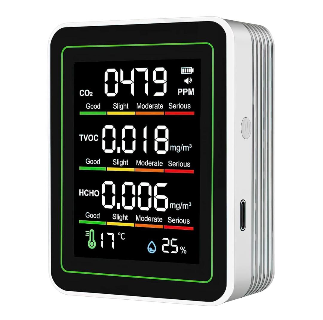 Indoor Air Quality Monitor, 5 in 1 Portable Smartair Quality Tester for CO2 | TVOC | HCHO | Temp | Hum for Home Cars Plants and Pets So On (White)