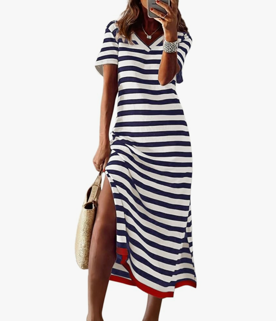 Dokotoo Summer Dress Casual Womens Fashion Short Sleeve Maxi Dress T Shirt Dress Striped Long Color Block Maxi Dress, XL