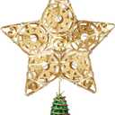 JOIEDOMI 10 inch Christmas Star Tree Topper, Metal Glitter Gold Star Tree Topper with 20 LED Warm White Lights, Battery Powered for Xmas Tree Decor Home Holiday Xmas Party Indoor Decor