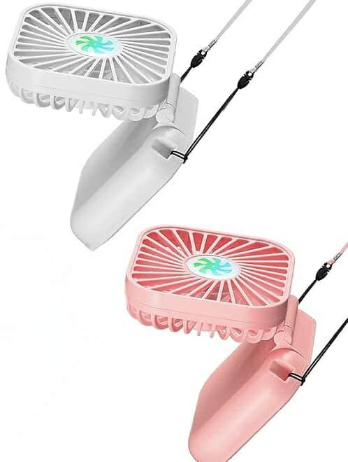 Hortsun 2 Pack Portable Neck Fan Mini Handheld Personal Foldable Fan Small Hands Free with USB Rechargeable Battery for Office Outdoor Cooling 3 Speed Air Circulatory(Pink, White)