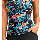 Tankini Swimsuits with Shorts - Two Piece Swimsuits Tummy Control Bathing Suits with Pockets (Small, Black Floral)