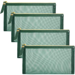 Mesh Cosmetic Bag, 4pcs Nylon Makeup Pouches with Leather Pull and Golden Zipper for Purse Diaper Bag (Emerald Green)