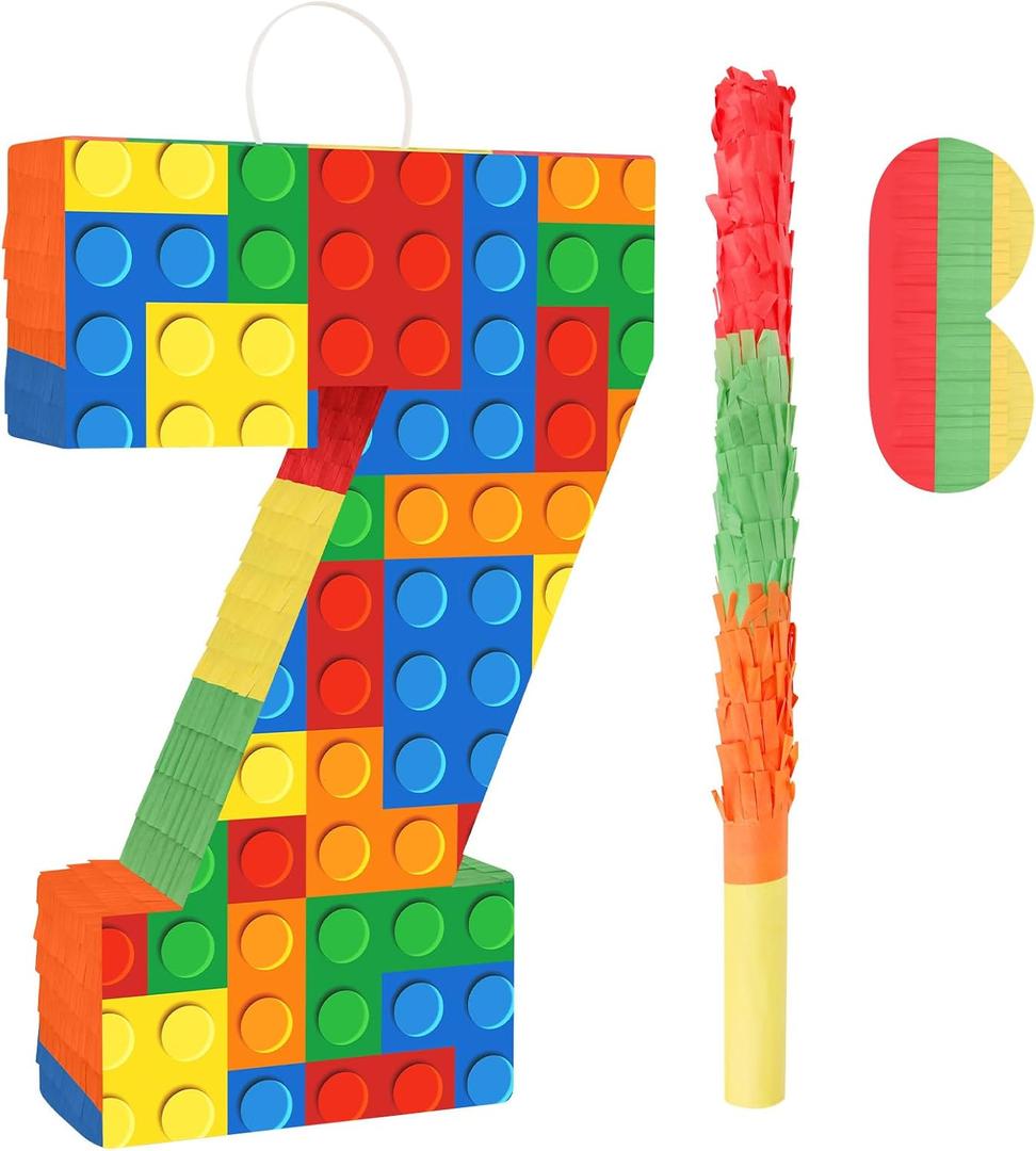 Number 7 Pinata with Blindfold and Bat Stick Building Block 7th Birthday Decorations for Kids Boys Girls Building Block Birthday Party Games Number Pinata for Fiesta