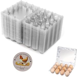 100 Packs Egg Cartons, 3 * 4 Grids Plastic Clear Egg Trays for 12 Eggs, Reusable and Durable, Egg Container Holder with Date Label for Family, Storage, Chicken Farm, Market, Transport