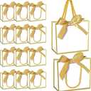 EQOREIIN 50 PCS Small Gift Bags with Handles,White Mini Bag,5.5x 2.5x4.7 Inches Small Thank You Gift Bags Bulk with Ribbon for Party Favors,Mother's Day, Goodie, Weddings,Baby Shower(White Gold)
