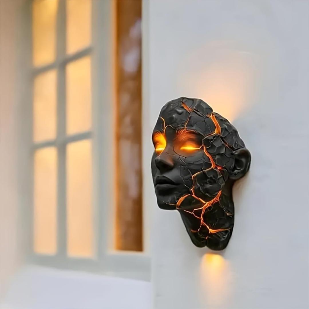 Decorative Cracked Soul Wall Light, Black Lava Design LED Wall Lamp with Glowing Orange Cracks, Modern Gothic Home Decor