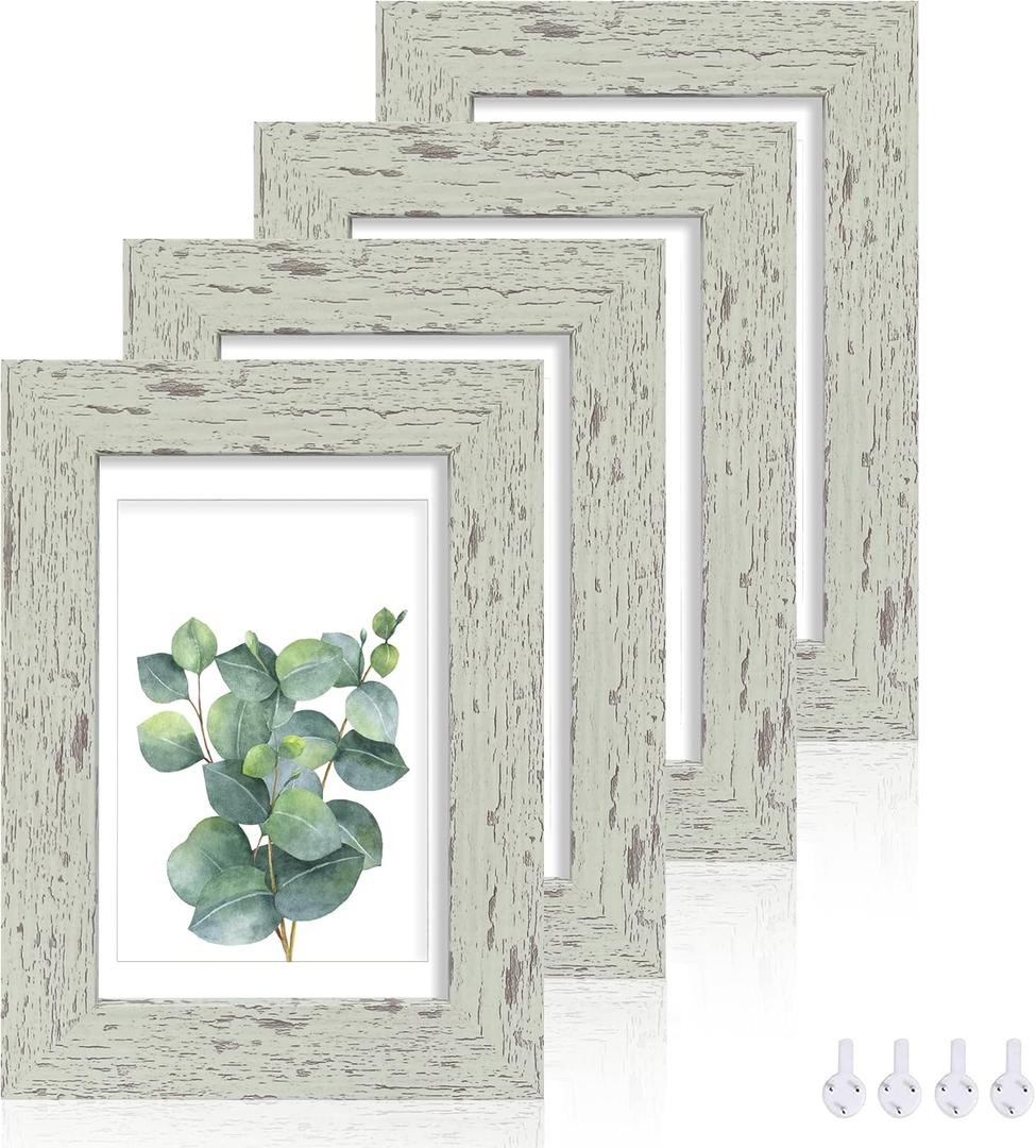 Hongkee 4x6 Picture Frame Set of 4, Made of Real Glass and Sage Green Wooden Frame, 4 by 6 Photo for Wall or Tabletop - Display Picture 3.5x5 with Mat or 4x6 Without Mat