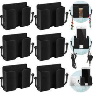 Jetec 6 Pcs Wall Mount Phone Holder Self-Adhesive Wall Beside Organizer Storage Box Plastic Charging Phone Stand Remote Brackets Holder for Bedroom(Black)