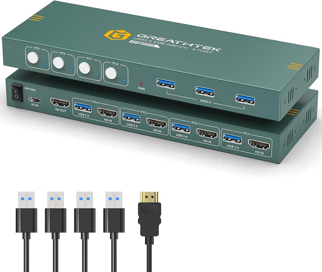 USB3.0 KVM Switch HDMI 4K@60Hz for 4 Computers Share 1 Monitor, KVM Switch 4 Port with 3 USB 3.0 Ports Share Keyboard Mouse, Support Button Switch, Plug and Play