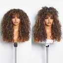 GORGIUS Highlight Brown Curly Wig with Bangs Glueless Synthetic Bang Wigs with Realistic Scalp Put On ang Go Beginner Friendly 20 Inch (#M427 Brown Highlights | Shaggy Curls)