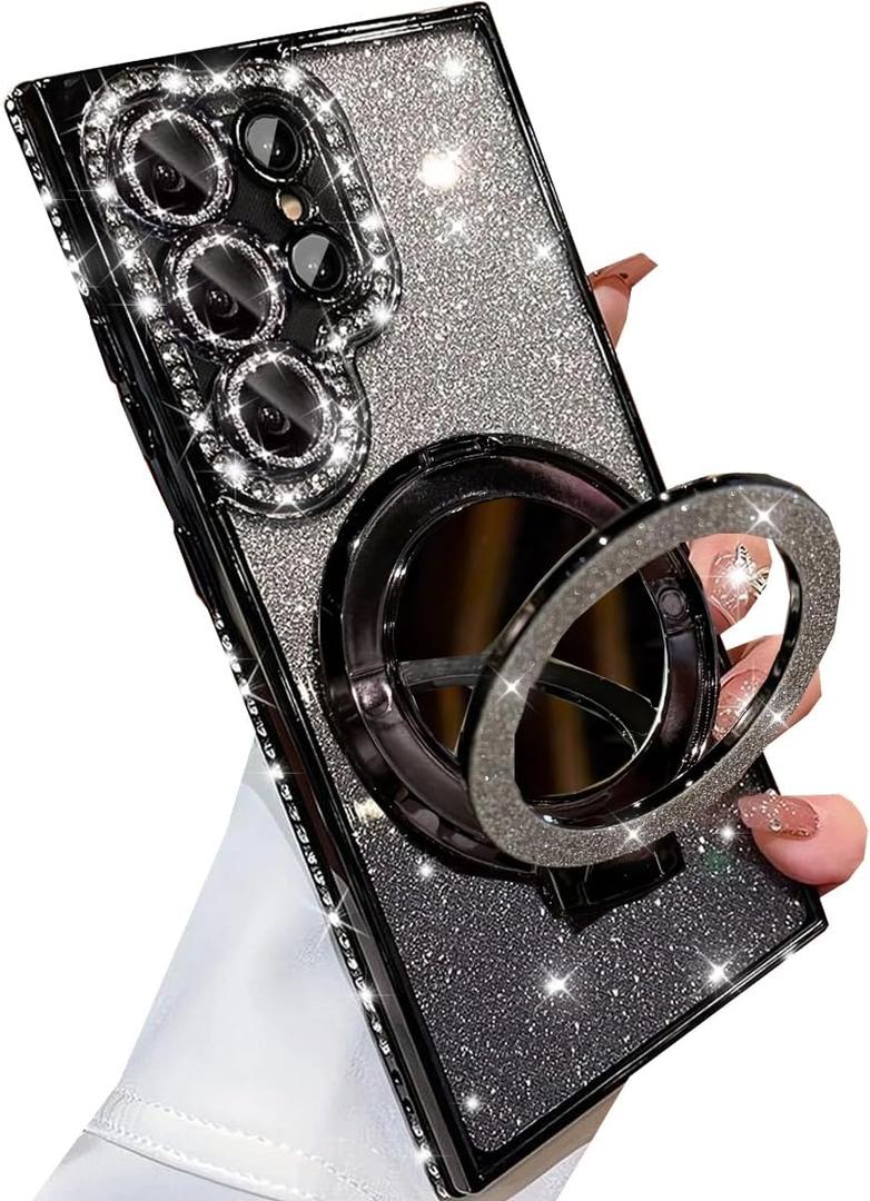 for Samsung Galaxy S25 Ultra Magnetic Kickstand Glitter Case,[Compatible with Magsafe] Bling Sparkly Rhinestone with Camera Protector Makeup Mirror Women Girls Case for Galaxy S25 Ultra,Black