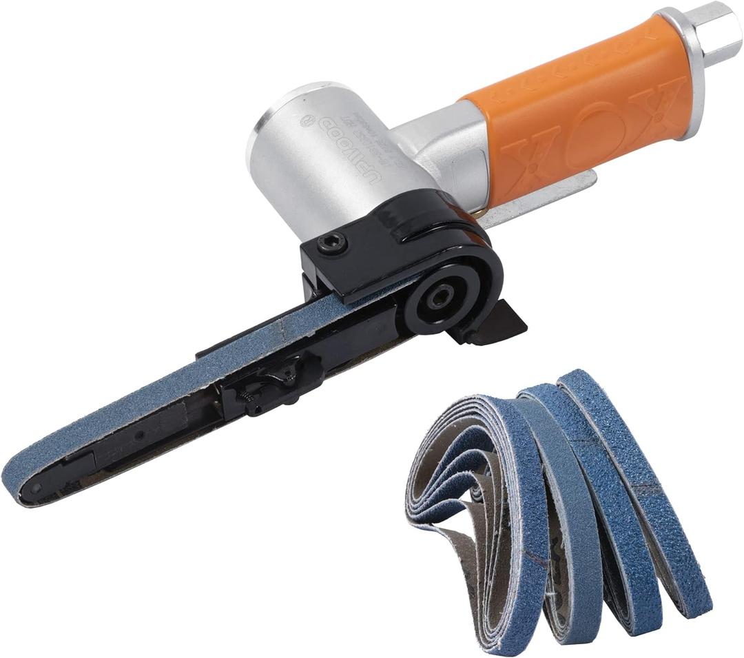 Air Belt Sander 3/8" x 13" Belt Size Pneumatic Tool with 12pc Belts (#40, #60, #80 & #120), Good for Deburring, Sanding and Finishing (3/8" x 13" Sander)