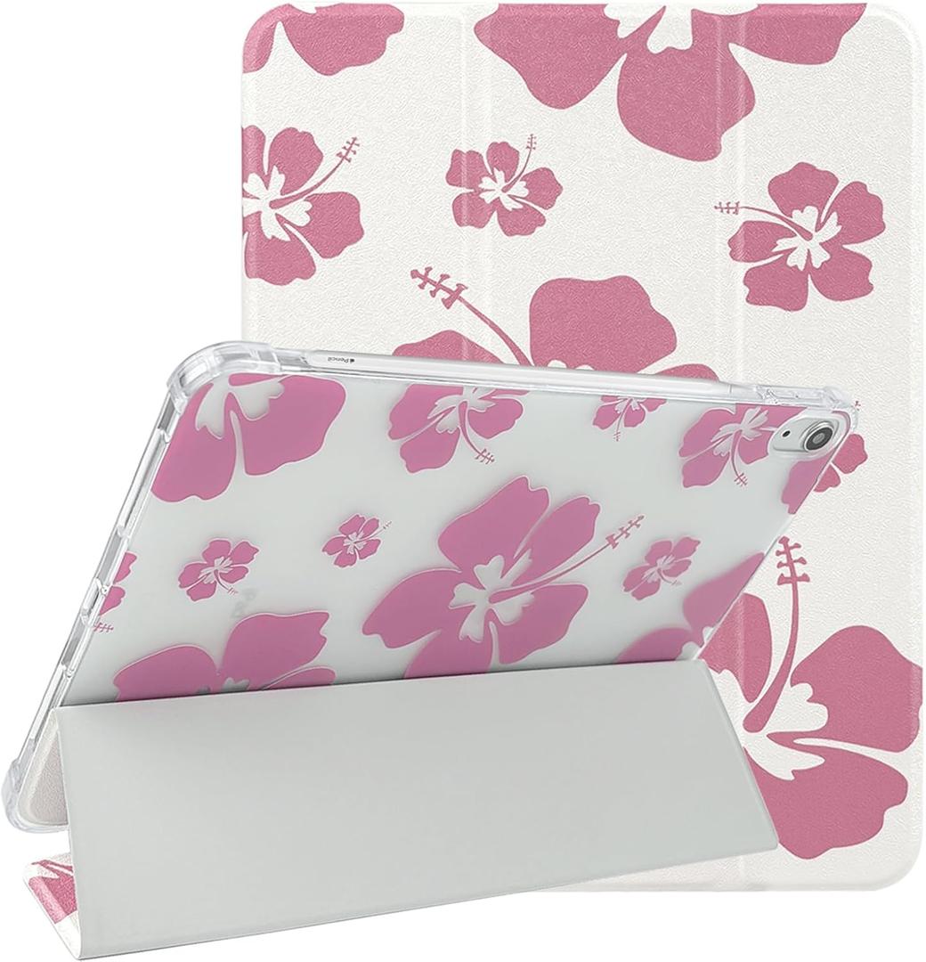 Lovmooful Compatible for iPad Air 6th 11-inch M2 (2024),iPad Air 5/4 (2022/2020 5th/4th Generation 10.9-Inch) Case with Pencil Holder Cute Floral Flower Soft TPU Trifold Stand Protective-Hibiscus