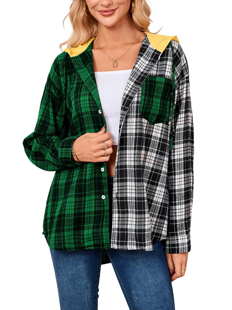 Womens Button Down Shirt Plus Size Blouse Shirts Tartan Plaid Color Block Casual Oversized Boyfriend Hooded Outwear Green (Green, XL)