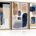 Large Abstract Navy Blue Brown Framed Canvas Wall Art Set,Modern Minimalist Color Blocks Wall Decor,Neutral Geometric Brushstrokes Artwork for Living Room,Bedroom,Office-16 x24 x3