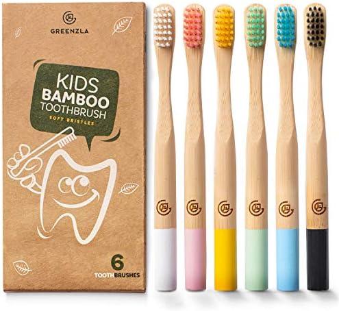 GREENZLA Kids Bamboo Toothbrushes, Natural Toothbrush Set, Soft Bristles, Durable Charcoal Wooden Brushes, Compostable Design for Toddlers and Children, 5 Pack