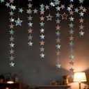 Hanging Stars Decorations, 52ft Star Garland (4 Strands x 13ft) & 7pcs Star Cutouts for New Years Decor & Happy New Year Banner, Iridescent Winter Holiday Party Decorations
