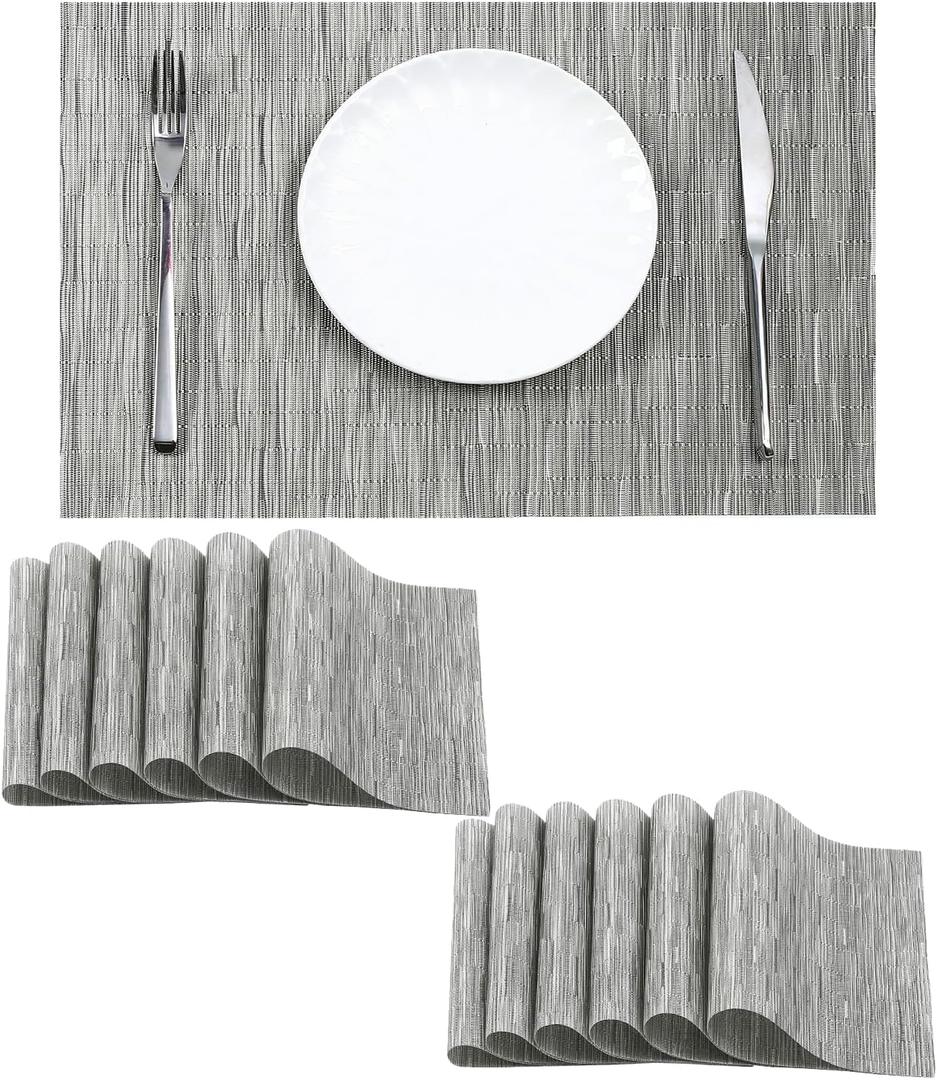 Leetaltree Silver Placemats Set of 12 - Heat Resistant Non-Slip Place mats for Dining Table, Washable Durable PVC Vinyl Woven Table MatsSliver, 12